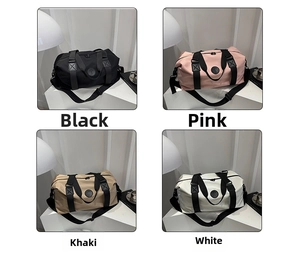 Collage of four large capacity travel tote bags in black, pink, khaki, and white finishes