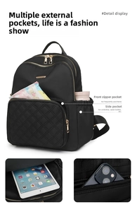 Detail view of water-resistant nylon backpack with gold zippers and quilted pockets