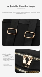 Detail of adjustable straps and golden zippers on a black waterproof nylon backpack