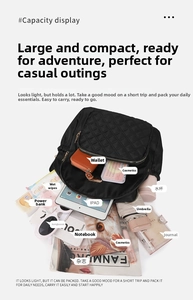 Flat lay of quilted nylon backpack showing large capacity for iPad and daily items