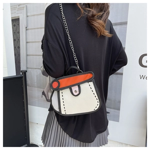 Street view of a 2D cartoon style red and white crossbody bag with bold black outlines