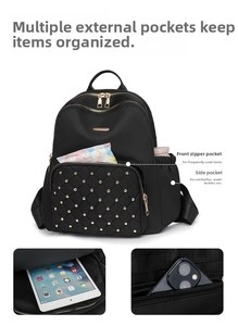 Detail showing quilted nylon backpack features including side pockets and anti-theft back pocket