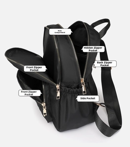 Detail view of large capacity black nylon backpack with multiple functional zip pockets