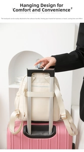 Close-up of beige nylon backpack with functional luggage strap for travel suitcase