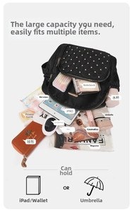 Flat lay of black nylon backpack showcasing large capacity with iPad and daily items
