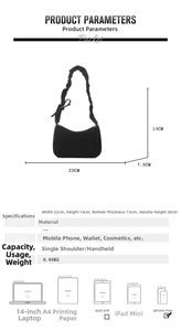 Size chart showing nylon shoulder bag dimensions 22x14cm and storage capacity guide