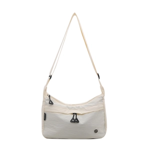 Lightweight white nylon crossbody bag with adjustable strap and front pocket