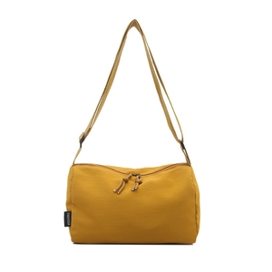 Large mustard yellow nylon crossbody bag with adjustable wide strap and double zippers