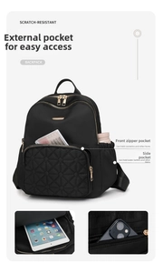 Detail view of water-resistant black nylon backpack with quilted pockets and gold zippers