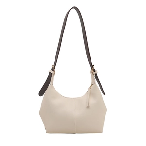 Chic beige hobo shoulder bag with dark brown strap and gold hardware on white background