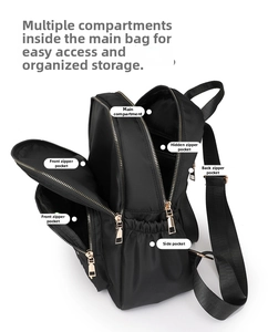 Detail view of black nylon backpack showing main compartment and multi-pocket storage layout