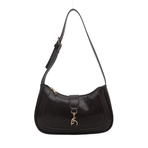 Glossy dark brown crescent hobo bag with adjustable strap and iconic gold metal buckle