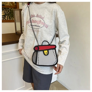 2D cartoon crossbody bag with bold outlines, red flap and metal chain strap detail