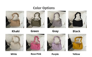 Detail view of stylish bow hobo bags in eight colors including khaki, pink, and yellow