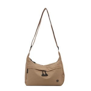 Minimalist khaki nylon tote bag with wide adjustable strap and waterproof surface