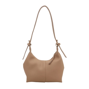Minimalist beige moon-shaped shoulder bag with knot details and vertical stitching