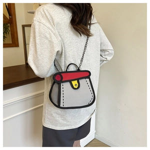 Detail of creative 2D cartoon style crossbody bag with red flap and bold black outlines