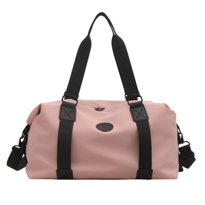 Pink waterproof oxford travel duffel bag with black handles and adjustable shoulder strap