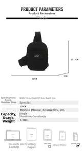 Detailed size chart for mini canvas crossbody bag showing dimensions 12x17.5x2cm and capacity