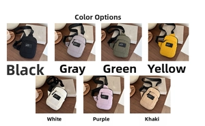 Collage of chic nylon crossbody chest bags in seven colors on a wooden table setup