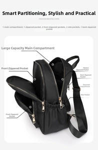 Detail view of nylon backpack with gold zippers, multiple pockets and functional sections