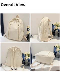 Detail view of lightweight off-white nylon backpack with multiple compartments and side pockets