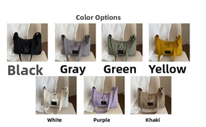 Matrix layout showing seven colors of minimalist nylon shoulder bags on chairs