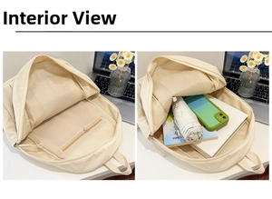 Internal structure of the off-white canvas backpack showing main compartment and zip pocket