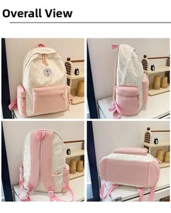 Detailed views of a pink star pattern school backpack with multi-angle perspectives