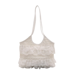 Elegant white lace tote bag for summer beach holidays featuring multi-layer ruffled design