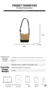 Size comparison and specifications chart for mini woven straw crossbody bucket bag