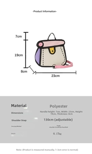 Detailed dimension guide for 2D cartoon canvas bag with adjustable pink shoulder strap