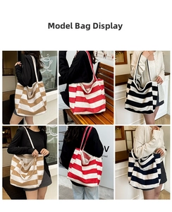 Collage of striped canvas tote bags in camel, red, and black for daily commute