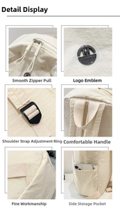 Detail of cream nylon backpack showing waterproof fabric, logo, and side phone pocket