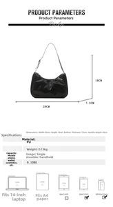 Detailed size specifications and capacity chart for the black glossy PU leather handbag