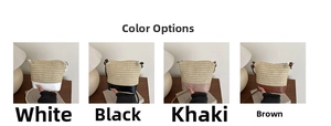 Collage of woven straw bucket bags showing white, black, khaki and brown color options