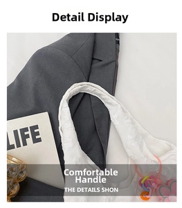 Detail shot of white floral jacquard fabric texture and comfortable wide handle bag