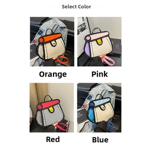 Detail view of 2D cartoon style crossbody bags in four vibrant color options