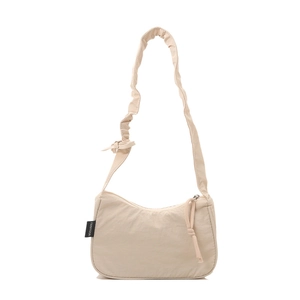 Chic beige nylon hobo bag with ruched cloud shoulder strap and sleek half-moon silhouette