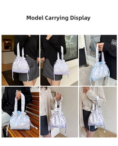 Detail showing pastoral floral drawstring tote bags with lace trim in lilac and light blue