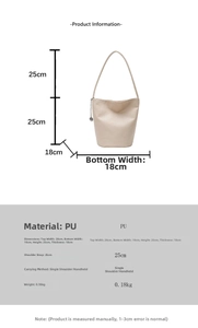 Size chart showing bucket bag dimensions 28x18x25x18cm and PU leather details