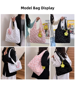 Three-color bubble floral lace tote bags with 3D flower charms shown on a model