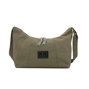 Japanese style olive green nylon shoulder bag with minimalist square logo and zipper detail