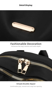 Detail view of fashion black nylon backpack featuring smooth golden double metal zippers