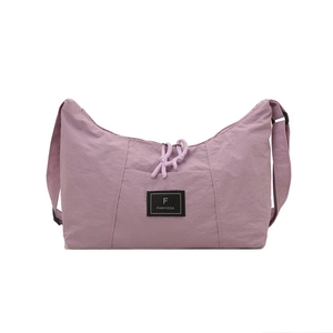 Large lavender nylon tote bag with adjustable strap and logo label for daily casual wear