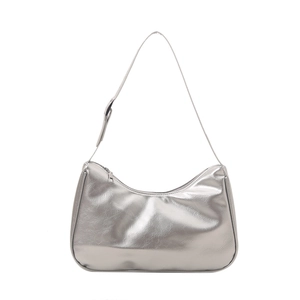 Minimalist silver hobo bag with metallic pleated texture and adjustable strap