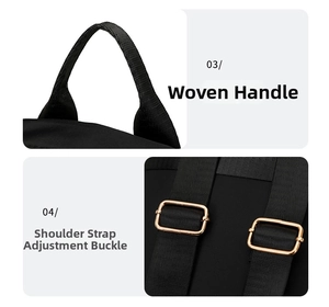 Detail of the braided top handle and adjustable gold hardware on the black nylon backpack