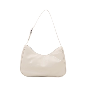 Minimalist cream-white hobo shoulder bag in glossy faux leather with a sleek half-moon shape