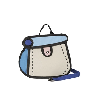 Borsa a tracolla stile cartoon 2D con bordi neri marcati e finitura in tela blu chiaro