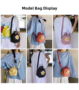 Detailed model views of cute canvas crossbody bags with daisy accents in four colors